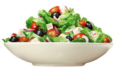 prato com salada de folhas verdes, azeitona preta, tomate, cebola, queijo e salsa isolado em fundo transparente - obrazy, fototapety, plakaty