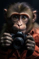 Monkey photographer holding photo camera. Ai Generative - obrazy, fototapety, plakaty
