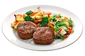 prato com medalhão de filé bovino grelhado acompanhado de salada de folhas verdes e legumes grelhados isolado em fundo transparente