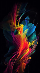 Ethereal swirls of color, abstract plumes, black backdrop, spectrum, fluid, luminous, smoke-like