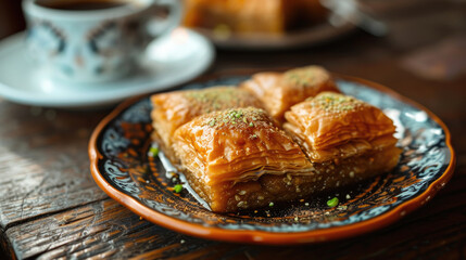 A detailed view of syrupy topped baklava with pistachios on a rustic plate. Pistachio baklava. Close-up. Traditional Middle Eastern Flavors. Traditional Turkish baklava. local name fistikli baklava