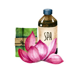 Hand drawn watercolor composition of green soap, spa bottle and lotus flower isolated on a white background.