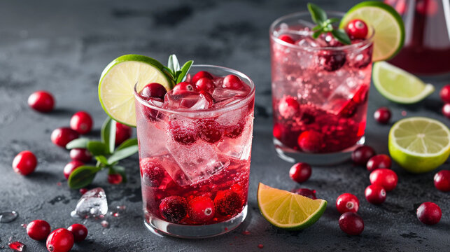 a mixture of cranberry juice, lime juice and ginger, selective focus