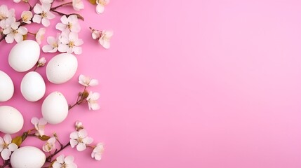 Fototapeta na wymiar white eggs and flowers on a pink background