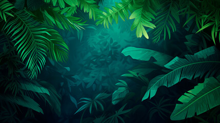 Lush tropical leaves forming a frame, wide banner with copy space, perfect for nature-themed wallpaper.	