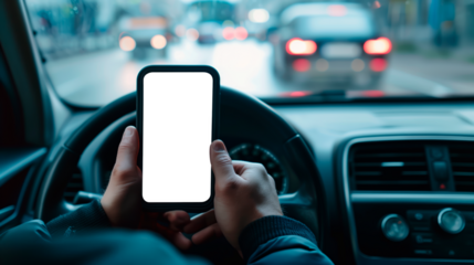 Smartphone with cut out blank screen held in car, driving, and texting concept.
