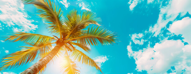 Fototapeta na wymiar Palm tree against clear blue sky, tropical, summer holiday vibe. Banner with copy space