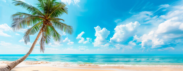 Fototapeta na wymiar Tropical sunny beach with palm tree, clear blue sky, and fluffy clouds. Summer holiday and travel banner with copy space.