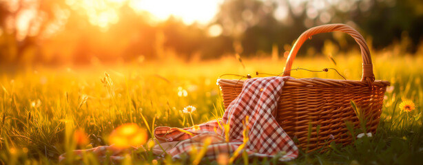 Sunlit picnic basket on grass with checkered cloth, summer vibe.