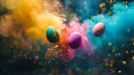 Obraz na płótnie Canvas Colorful Easter Eggs Exploding in Colorful holi powder blowing up. Vibrantly colored Easter eggs burst in a dazzling explosion of colors and glitter, creating a festive and joyful holiday atmosphere.