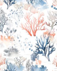 Underwater world seamless pattern in watercolor style 