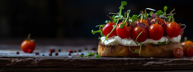 toast with cream cheese, cherry tomatoes and microgreens. Healthy breakfast concept. selective focus, Generative AI,