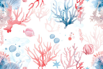 Fototapeta na wymiar Underwater world seamless pattern in watercolor style 