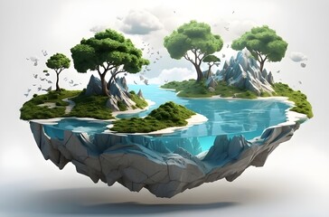 Island in the Sky: A Tranquil Oasis Floating Amidst Clouds and Planets, Featuring a Waterfall and Verdant Landscape, generative AI - obrazy, fototapety, plakaty