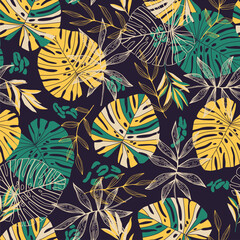 Yellow and green pattern with tropical leaves and abstract strokes. Monstera pattern