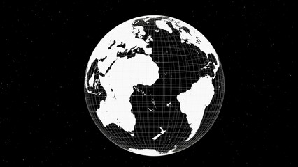 3d white neon glowing wireframe Earth globe planet. Grid  topographic sphere network of connections. Digital futuristic geography map. In dark black space with blinking stars	