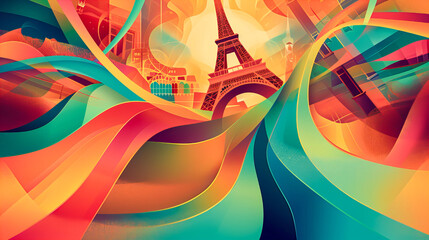 Enchanting Eiffel: Artistic Illustration of the Eiffel Tower, a Unique Composition with Vibrant Colors, Symbolizing Olympic Spirit in France