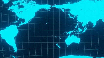 3d abstract topographic neon line wireframe grid world map on blue background. Glowing Earth geography communication net business. 8k illustration