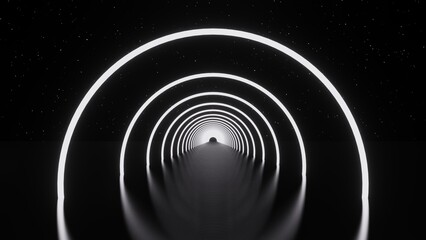 3d abstract white neon glowing laser futuristic tunnel. Room light space technology stage floor background. Retro corridor render modern interior silver road in black space