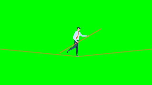 Business risk. Professional strategy. A man walks over gap as tightrope walker. Businessman walking tightrope. Funambulist. Balance-master. 2d flat animation. Alpha channel. Green screen. Chroma key
