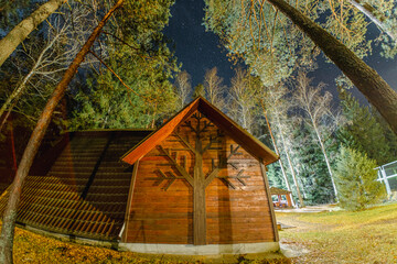 quaint little wooden house nestled in a natural landscape with a tree by its side, surrounded by pines under starry night stars sky landscape. - 751384325