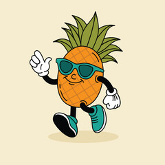 Fun pineapple in groove style.Retro character.Cartoon vector illustration, print