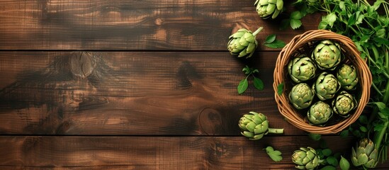 A wicker basket filled with fresh green hops is placed on a sturdy wooden table. The hops are vibrant with a hint of yellow, contrasting beautifully with the rustic brown of the table.