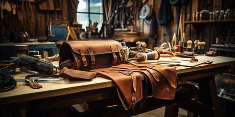 leather craft or leather goods making. work bench of a leather smith. - Powered by Adobe