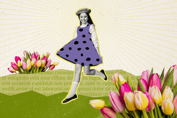 Fototapety  Banner collage picture of cheerful cute girl dressed dotted print sarafan running filed meadow isolated on drawing background