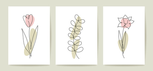 Abstract minimalist posters with line art spring flowers. Set of trendy wall art, modern floral prints. Vector Illustration.