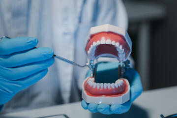 A dentist is using specialized dental equipment to inspect dentures to study the anatomy of the...