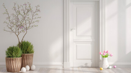 A welcoming front modern door scene adorned with Easter eggs, spring flowers, and festive decorations, capturing the essence of a cheerful springtime entryway.