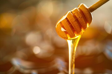 a honey dripping from a wooden honey dipper - obrazy, fototapety, plakaty
