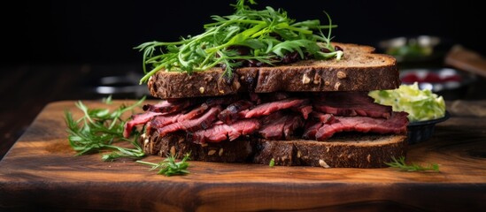 A steak sandwich made with oriental smoked meat is displayed on a wooden cutting board. The sandwich is topped with fresh lettuce, creating a mouth-watering and visually appealing meal. - Powered by Adobe