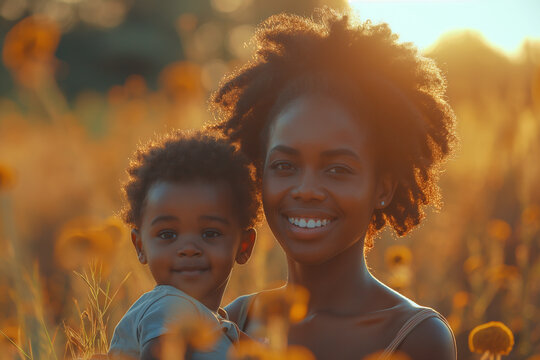 Defocus photo of black woman with her son outdoors. Nature background. Selective focus. Copy space. Family happiness concept 