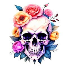 watercolor skull adorned with colorful roses isolatedon white background. Ideal for designs related to creativity, beauty, tattoos, and alternative culture.