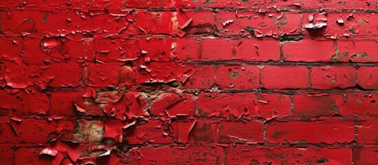 A close-up view of a red brick wall with peeling paint, showcasing the texture and weathered appearance of the surface.