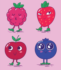 Vector illustration collection of cute berries characters, raspberries, strawberries, cherries, blueberries, isolated on pink background