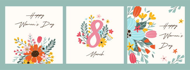 Fototapeta na wymiar Set 3 square greeting cards for Happy Women's Day and 8 March. Abstract hand drawn flower bouquets and handwritten typography. Vector template in flat style for poster, banner, social media.
