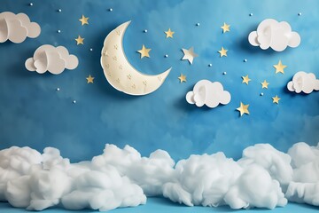Playful Paper Moon and Stars in Whimsical Night Sky