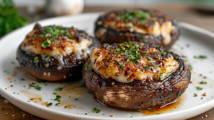 grilled portabello mushroom cap steaks stuffed with mozzarella on a white plate against the backdrop of a blurred modern white kitchen