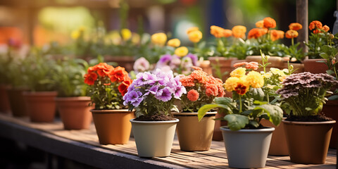 Spring flowers in pots. Happy Easter background. Seedlings and gardening, flower shop. Mother's...