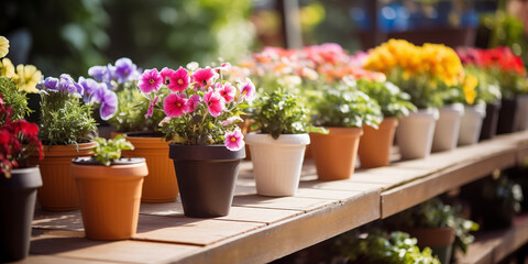 Spring flowers in pots. Happy Easter background. Seedlings and gardening, flower shop. Mother's Day. International Women's Day.