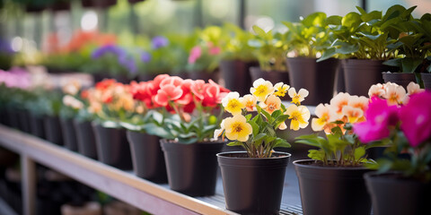 Spring flowers in pots. Happy Easter background. Seedlings and gardening, flower shop. Mother's...