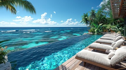 Fototapeta premium Tropical Paradise Villa: A breathtaking modern villa perched on a cliff overlooking the turquoise waters of the ocean, featuring a stunning infinity pool and lush tropical greenery. Escape to tranqu