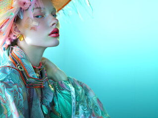 Fashion editorial Concept. Pretty woman with glowy shiny skin makeup in elaborate beads yarn oriental neon embroidery headgear hat bonnet outfit accessory jacket. copy text space