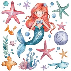 Watercolor Illustration clipart set of cute character mermaid and elements isolated on white...