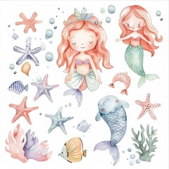 Watercolor Illustration clipart set of cute character mermaid and elements isolated on white...