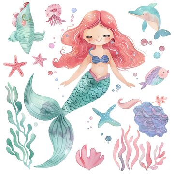 Watercolor Illustration clipart set of cute character mermaid and elements isolated on white background. AI Generative