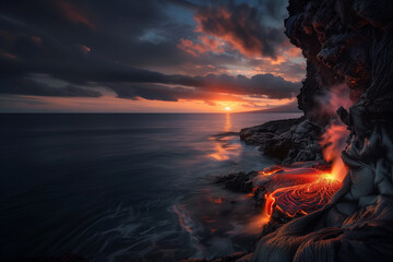 Lava flows from an island into the sea